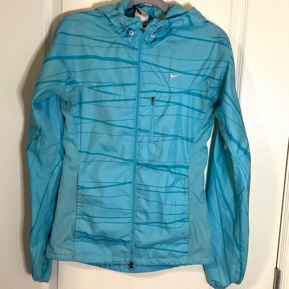 Nike Women's Running Jacket Size XS Blue Attached Hood Reflectors Windbreaker - Picture 1 of 13